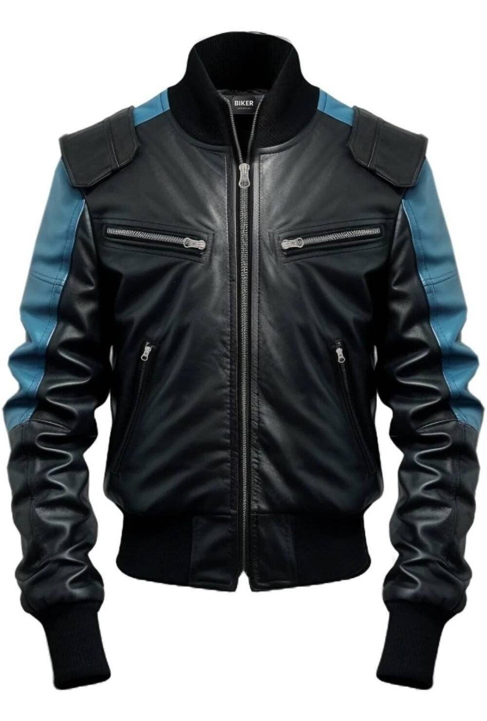 Men Blue Black Bomber Leather Jacket