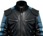 Men Blue Black Bomber Leather Jacket