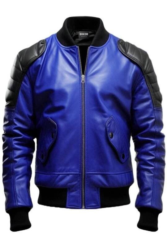 Men Blue Faux Leather Jacket
