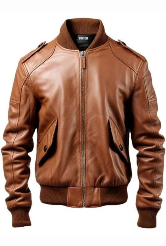 Men Bomber Leather Brown Jacket