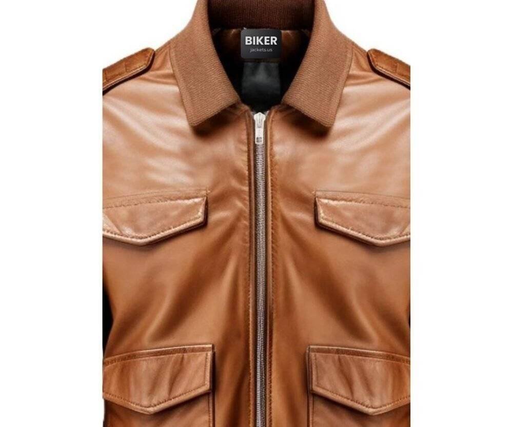 Men Brown Strap Pockets Bomber Leather Jacket