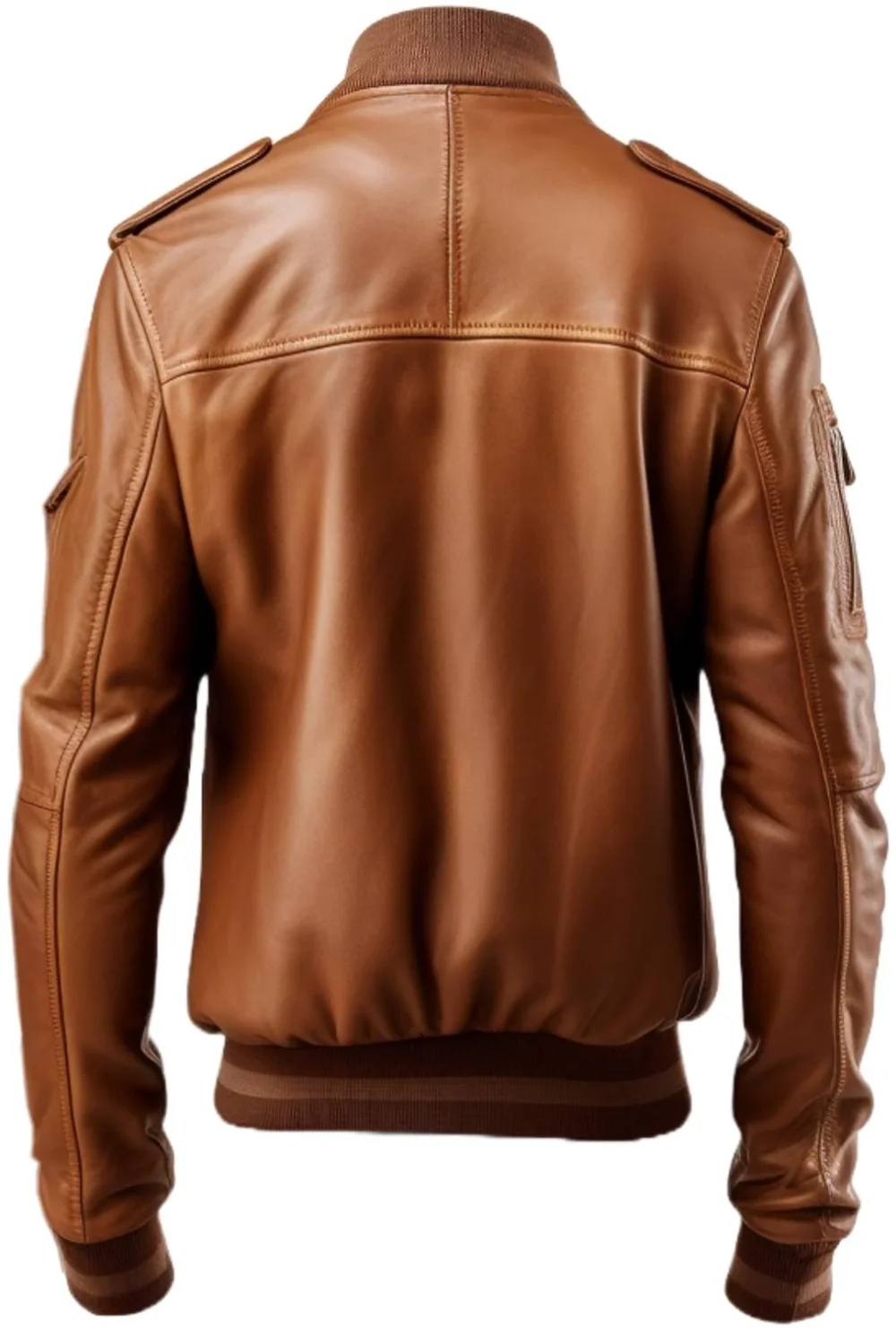 Men Brown Strap Pockets Bomber Leather Jacket