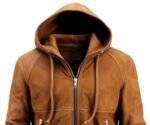 Men Camel Brown Stylish Suede Hooded Leather Jacket