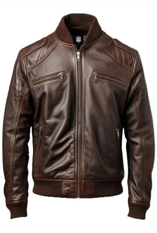 Men Dark Brown Leather Bomber Jacket