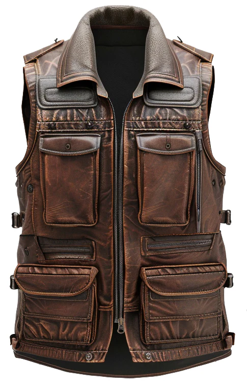 Men Distressed Brown Military Leather Vest