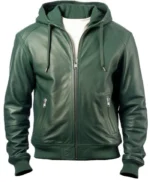 Men Faux Leather Jacket with Hood Green