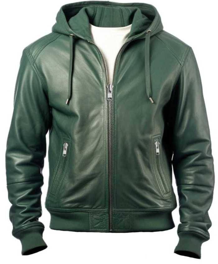 Mens Faux Leather Jacket with Hood Green