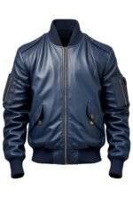 Men Flight Bomber Blue Leather Jacket