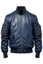 Men Flight Bomber Blue Leather Jacket