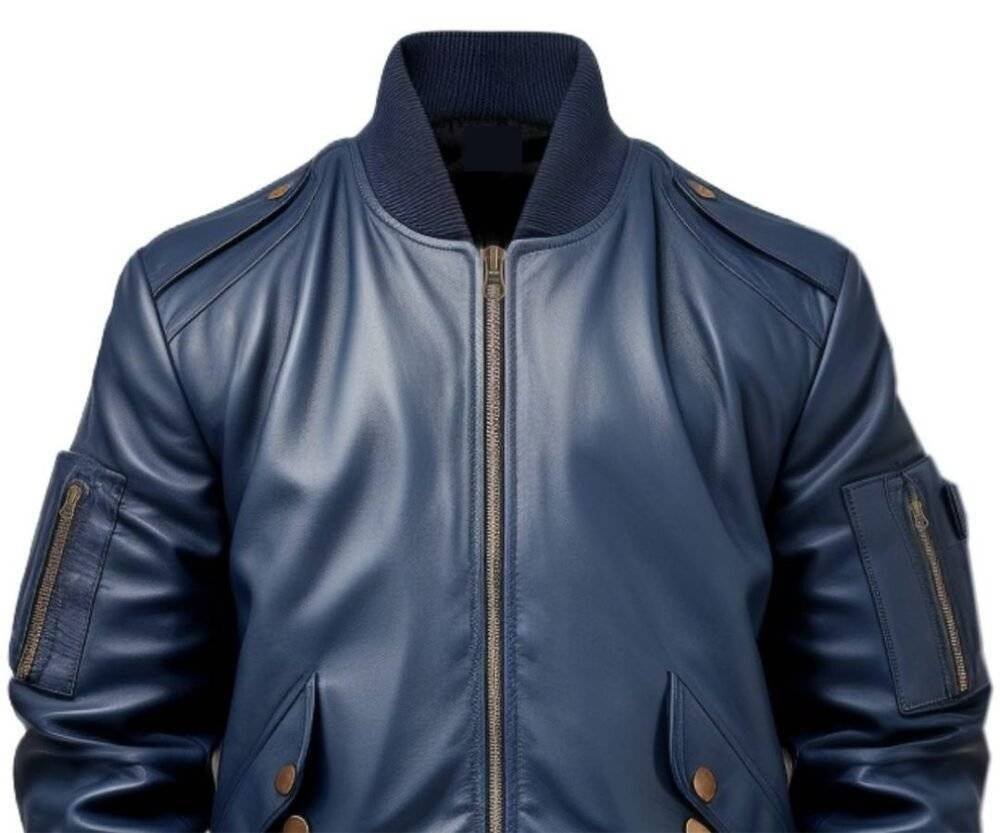 Men Flight Bomber Blue Leather Jacket