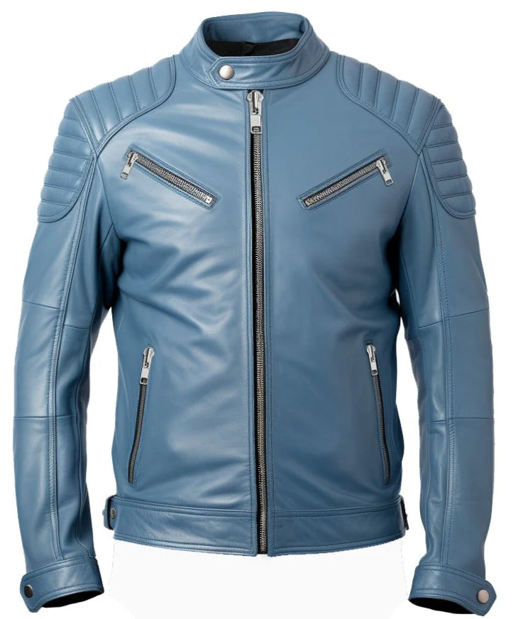 Men Oliver Blue Faux Leather Biker Jacket