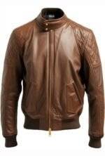 Men Quilted Bomber Leather Jacket with Golden Zipper