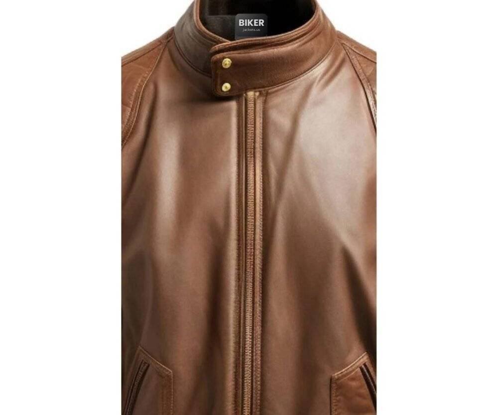 Men Quilted Bomber Leather Jacket with Golden Zipper