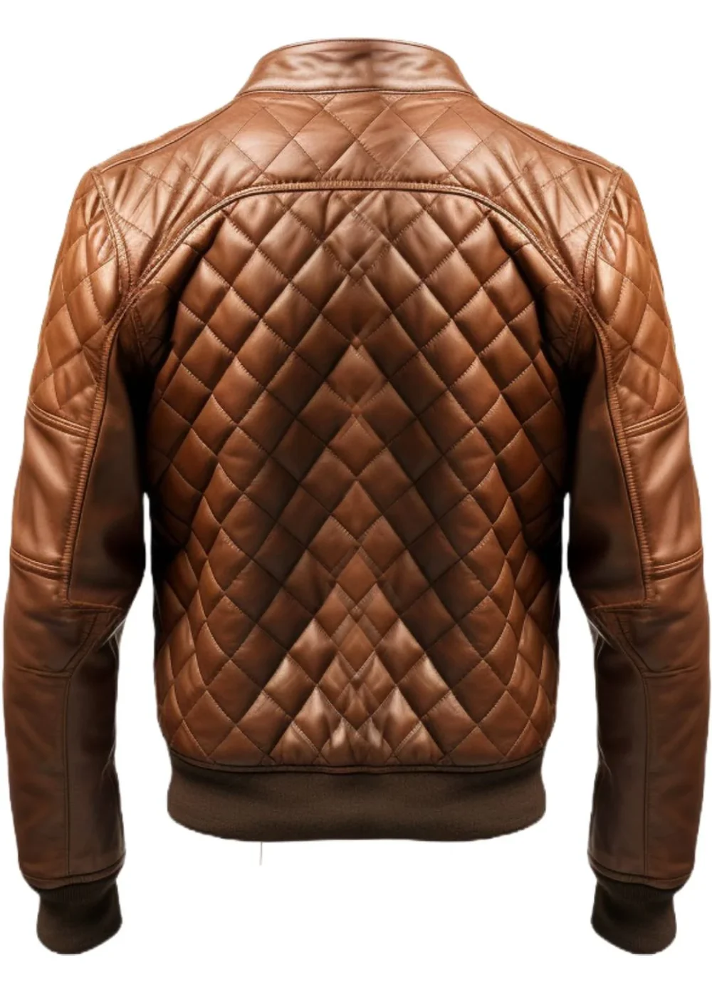 Men Quilted Bomber Leather Jacket with Golden Zipper