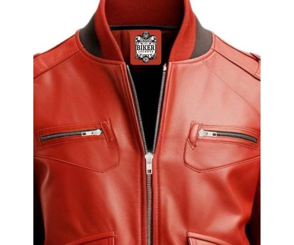 Men Red Leather Bomber Jacket