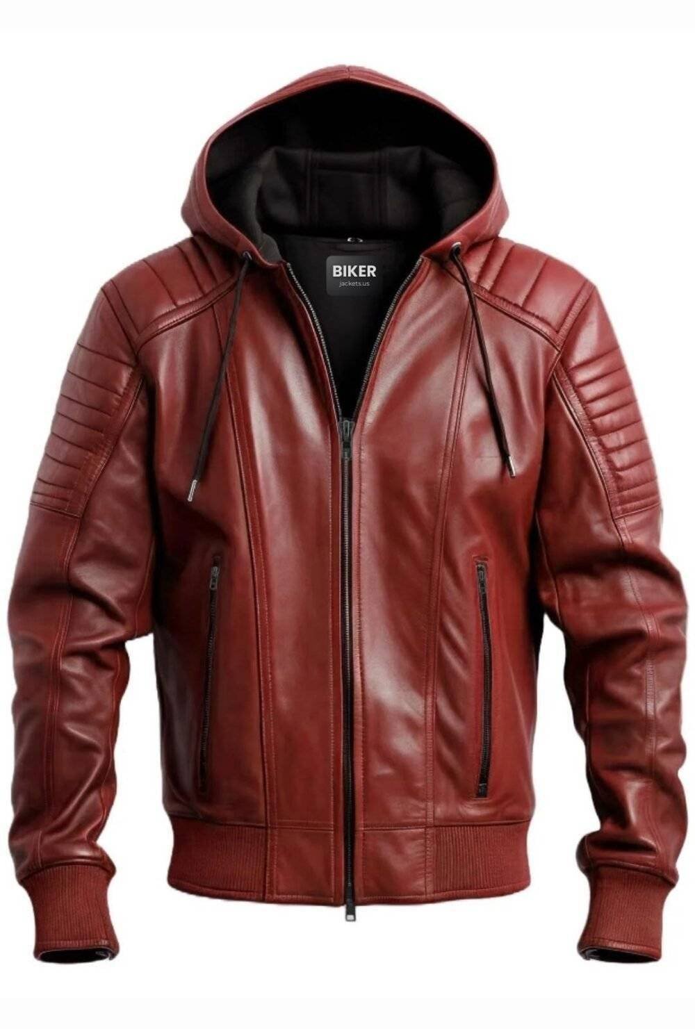 Men Red hooded Leather Biker Jacket