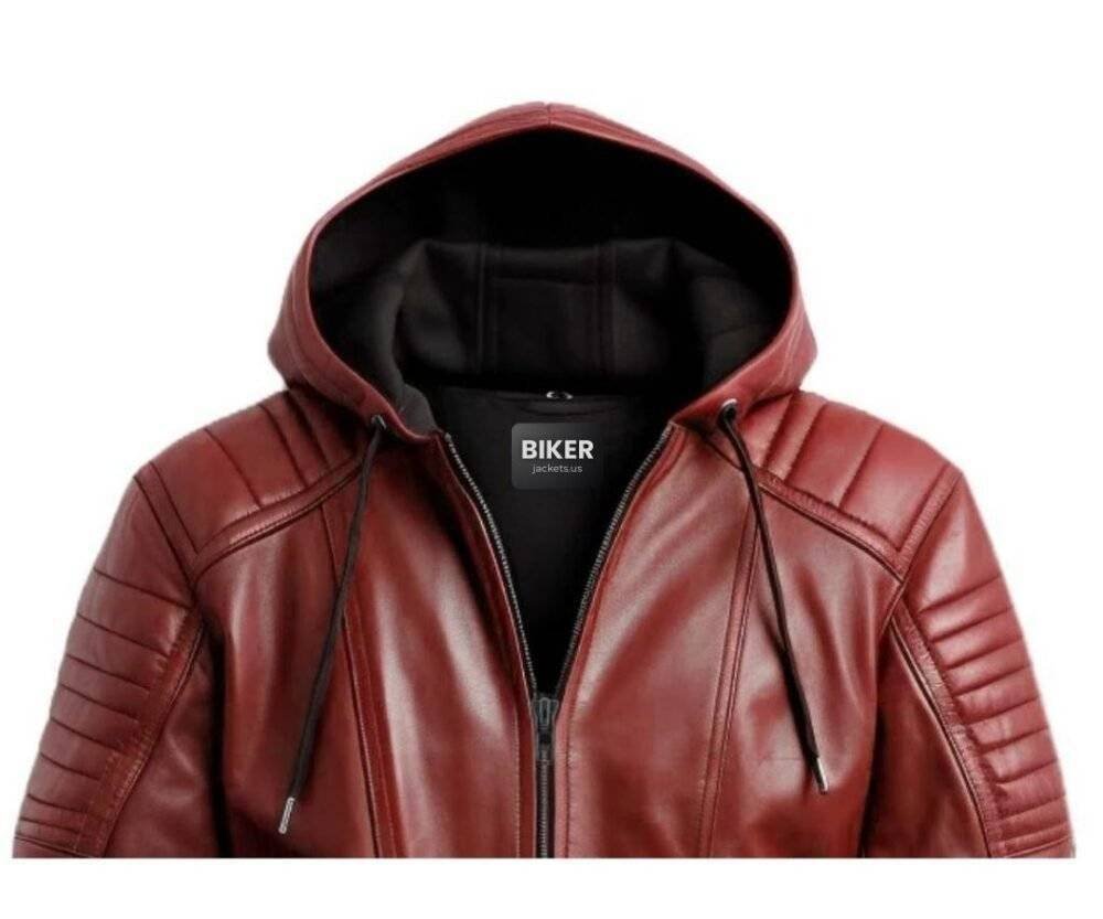 Men Red hooded Leather Biker Jacket