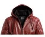 Men Red hooded Leather Biker Jacket