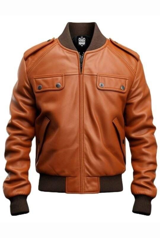 Men Strap Pocket Bomber Leather Jacket