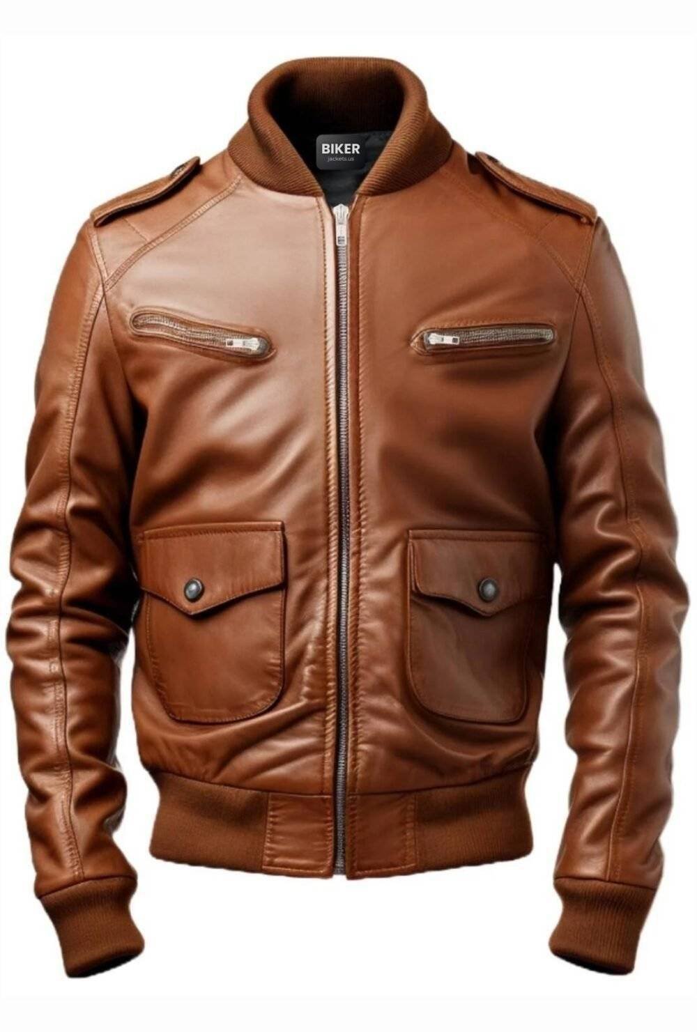 Men Strap Pockets Brown Bomber Leather Jacket