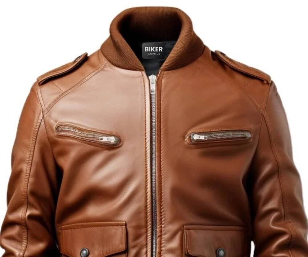 Men Strap Pockets Brown Bomber Leather Jacket