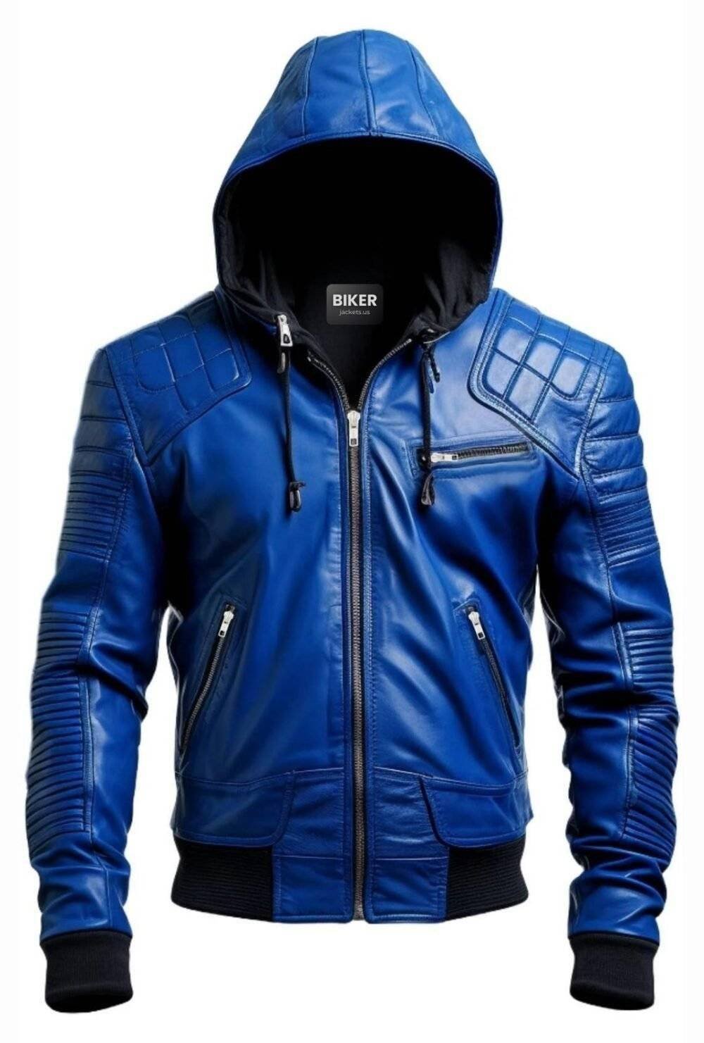 Men Stylish Blue Hooded Leather Jacket