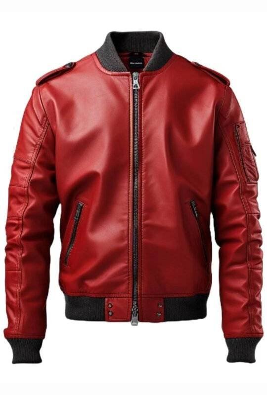 Men Stylish Red Bomber Leather Jacket