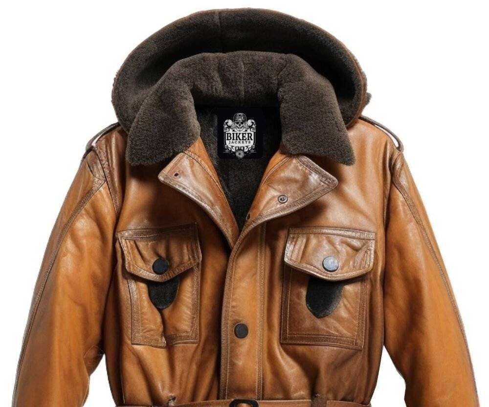 Men Vintage Leather Faux Fur Hooded Coat