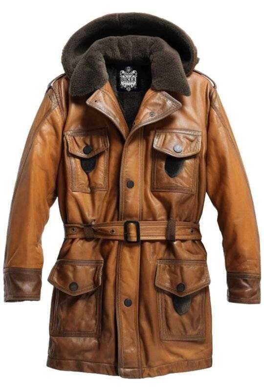 Men Vintage Leather Faux Fur Hooded Coat