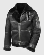 Men's aviator B16 sheepskin black shearling jacket with fur-lined collar and waist.