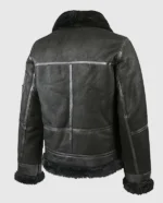 Back view of a men's aviator B16 sheepskin black shearling jacket with fur-lined collar and waist.