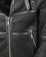 Top front view of a men's aviator B16 sheepskin black shearling jacket, highlighting the fur-lined collar and ribbed cuffs.