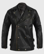 Men's black motorcycle leather jacket with asymmetrical zipper and notch-lapel collar.