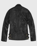 Back view of a men's black motorcycle leather jacket with long sleeves and zipper cuffs.