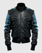 Stylish Men's Blue Black Bomber Leather Jacket. Features ribbed cuffs, collar, and a slim fit.