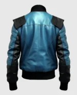 Men's blue black bomber jacket with a convenient back pocket for added storage.