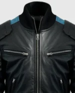 Close-up of a men's blue black bomber leather jacket showcasing its high-quality craftsmanship and premium materials.