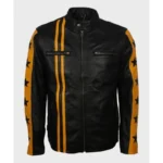 Mens Cafe Racer Yellow Star Black Leather Jacket