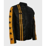 Mens Cafe Racer Yellow Star Black Leather Jacket