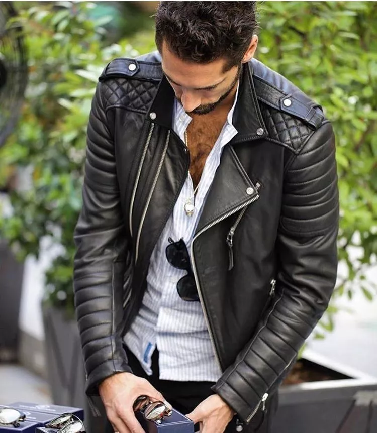 Mens Leather Biker Jacket Slim Fit