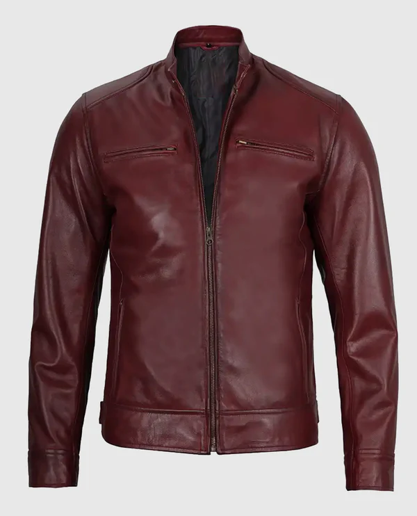 Men's maroon cafe racer leather jacket with snap-button collar and front zipper.