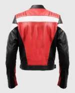 Men's red and black faux leather jacket with a quilted back panel.