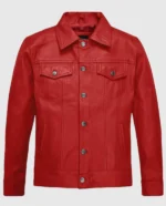 Men's red leather trucker jacket with front pockets and snap closures.