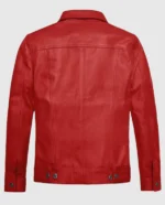 Men's red leather trucker jacket with back pockets and a button-up closure.