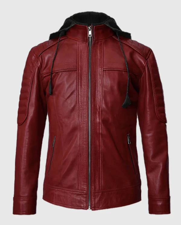 Men's Rodeo Hooded Leather Jacket with quilted design and front zipper closure.