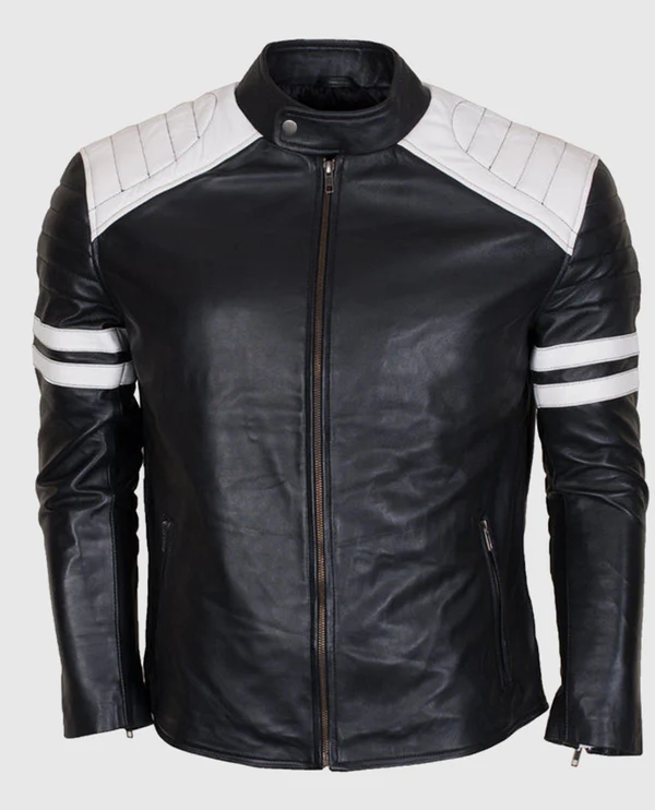 Men's White Stripes Black Cafe Racer Leather Jacket with white stripes, featuring a stand-up collar and zipper closure.