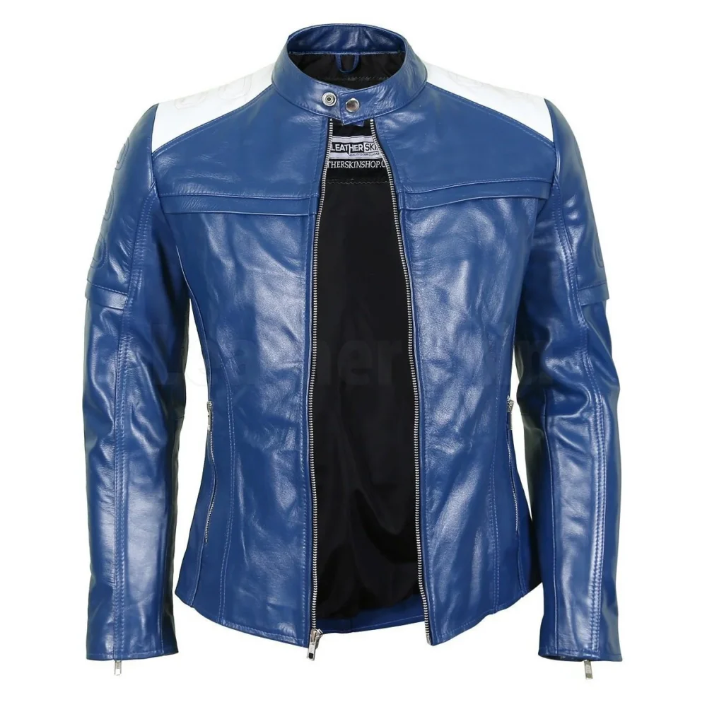 Navy Blue Leather Biker Jacket