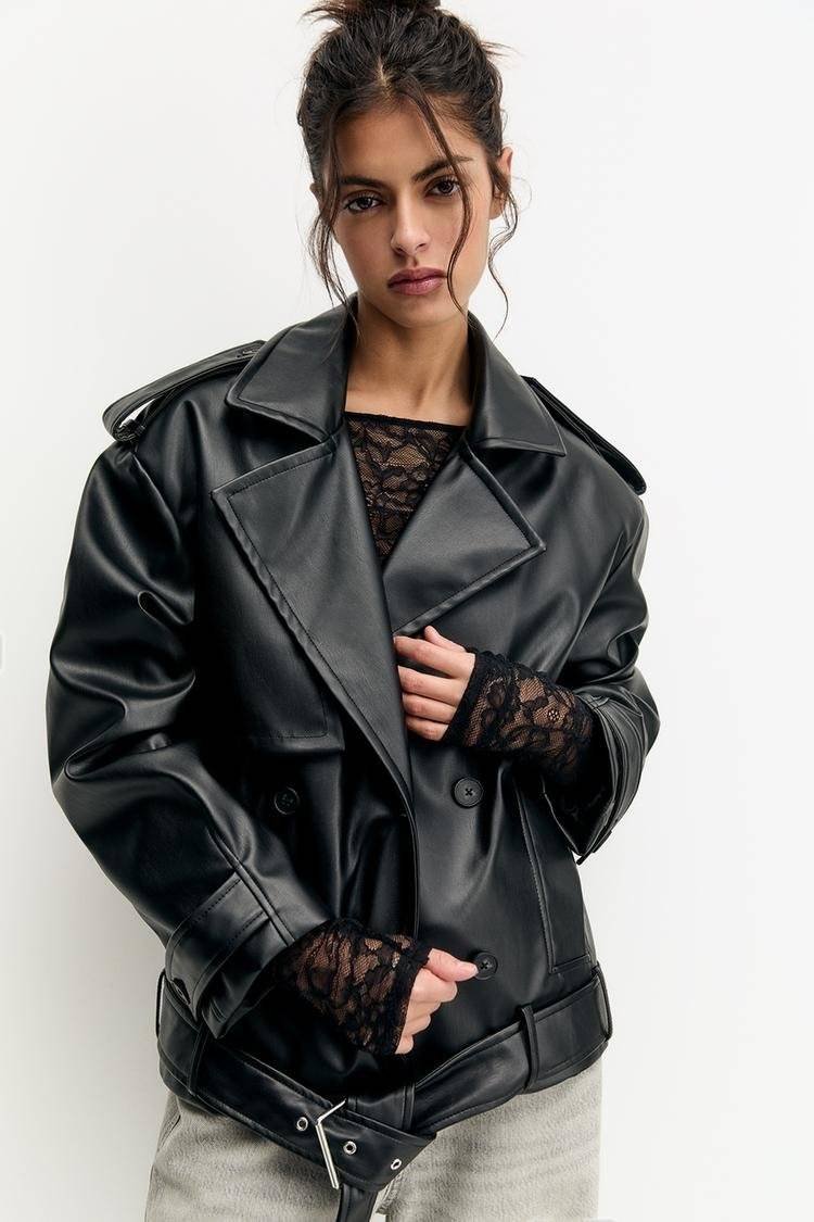 Pull And Bear Faux Leather Biker Jacket In Black