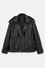 Pull And Bear Faux Leather Biker Jacket In Black