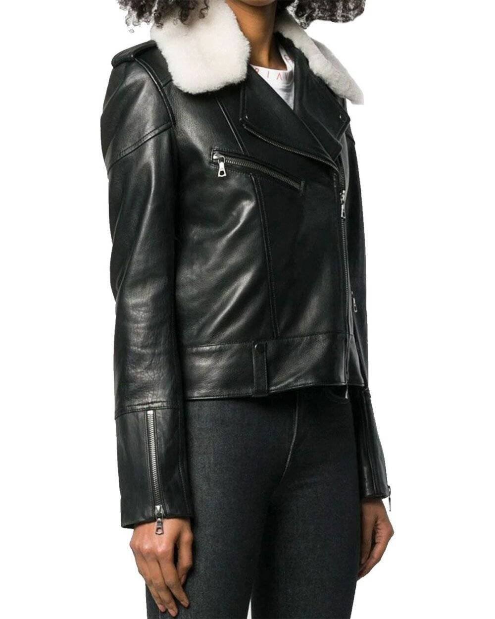 Womens Leather Biker Jacket With Fur Collar